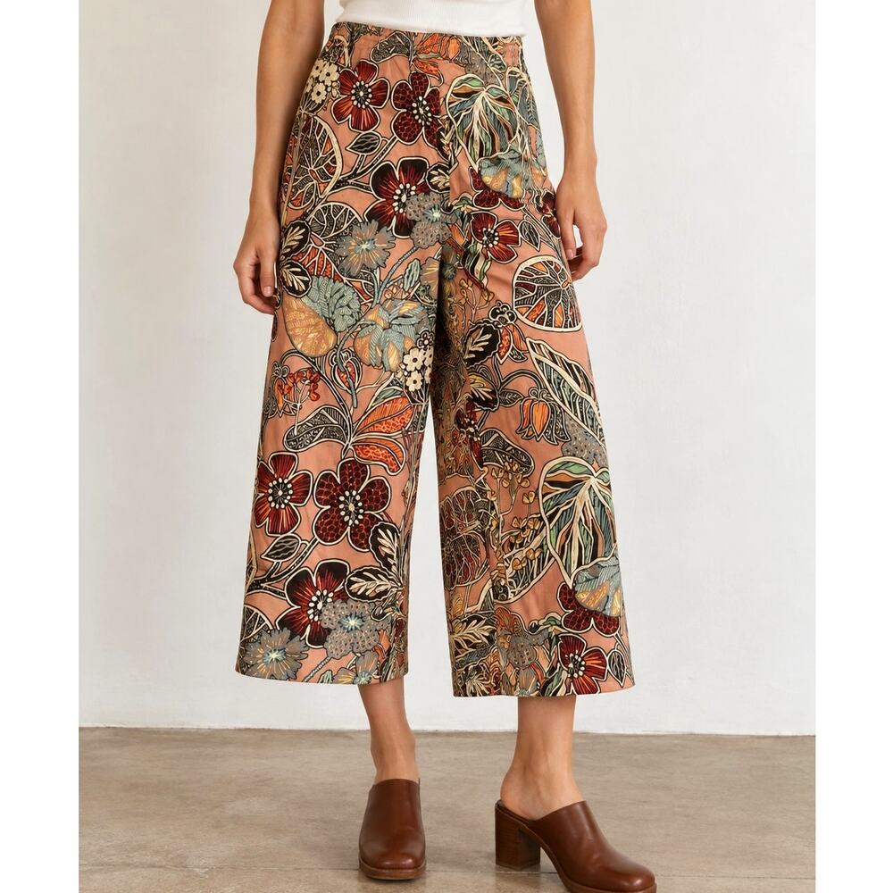 Lisa Bayne M Petite Floral Wide Leg Crop Pull On Pants Botanical Art to Wear